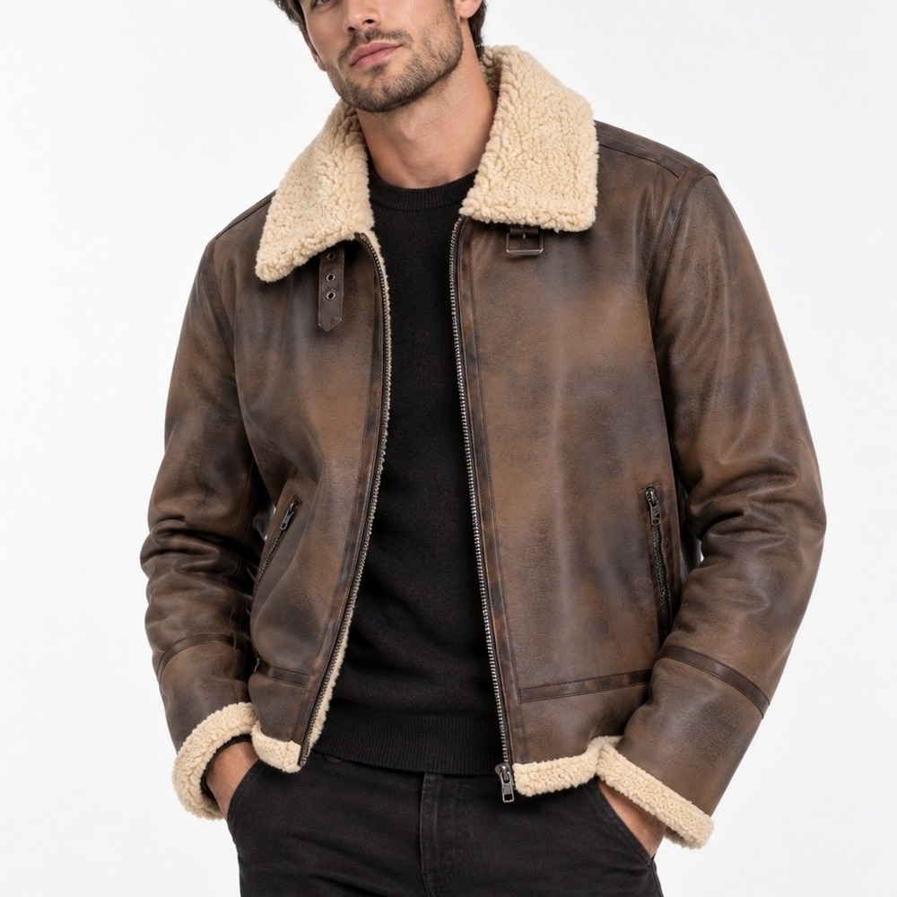 Calvin Klein Mens Faux Leather Aviator Jacket Brown Faux Shearling Trim Medium